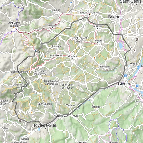 Kartminiatyr av "Scenic veibane gjennom Rhône-Alpes" sykkelinspirasjon i Rhône-Alpes, France. Generert av Tarmacs.app sykkelrutoplanlegger