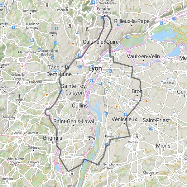 Miniatura della mappa di ispirazione al ciclismo "Cicloturismo da Millery a Collonges-au-Mont-d'Or" nella regione di Rhône-Alpes, France. Generata da Tarmacs.app, pianificatore di rotte ciclistiche