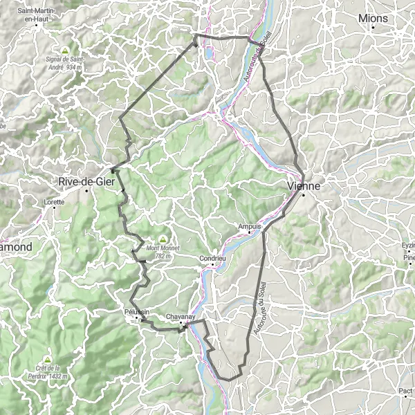 Miniaturní mapa "Cyklistická trasa Vernaison - Château de Charly" inspirace pro cyklisty v oblasti Rhône-Alpes, France. Vytvořeno pomocí plánovače tras Tarmacs.app