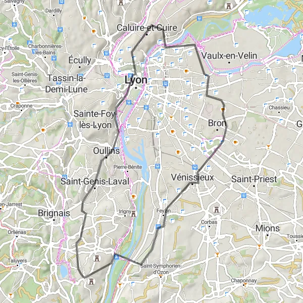 Kartminiatyr av "Saint-Genis-Laval til Vernaison Sykkeltur" sykkelinspirasjon i Rhône-Alpes, France. Generert av Tarmacs.app sykkelrutoplanlegger