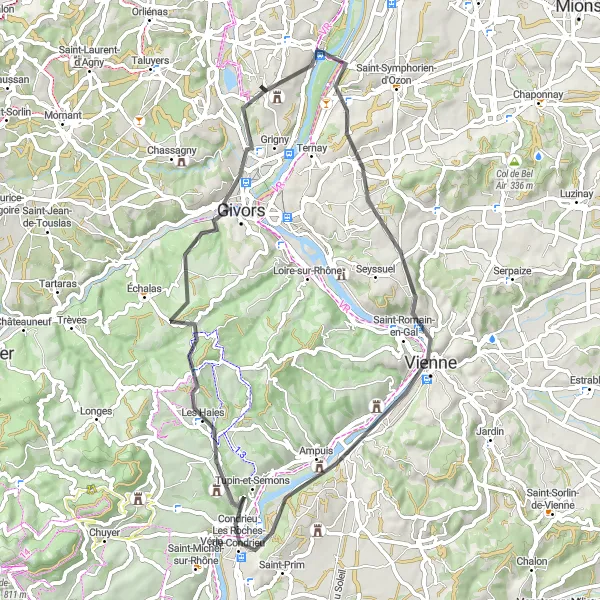 Miniatua del mapa de inspiración ciclista "Ruta por los Viñedos de Côtes du Rhône" en Rhône-Alpes, France. Generado por Tarmacs.app planificador de rutas ciclistas