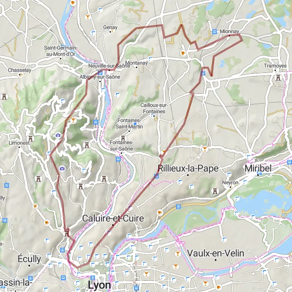 Miniaturní mapa "Cyklistický okruh Mionnay - Sathonay-Village - Caluire-et-Cuire - Mont Thou - Mionnay" inspirace pro cyklisty v oblasti Rhône-Alpes, France. Vytvořeno pomocí plánovače tras Tarmacs.app