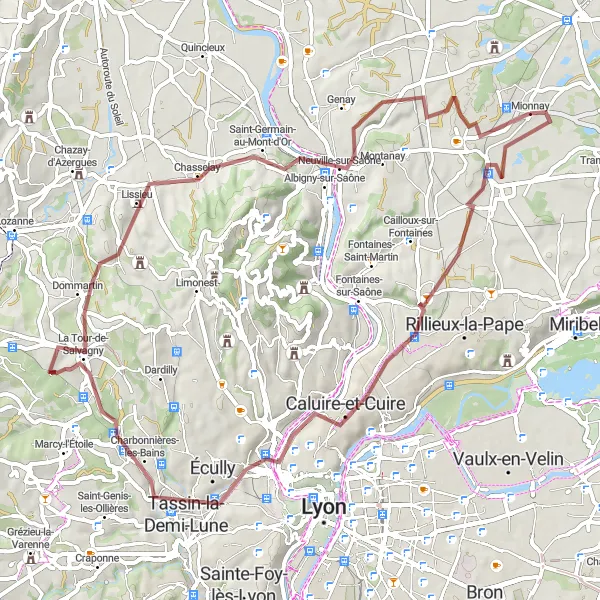 Mapa miniatúra "Gravel prejazd cez Sathonay-Village, Caluire-et-Cuire, Le Belvédère et les lanternes de l'île Barbe, La Tour-de-Salvagny, Albigny-sur-Saône a Mionnay" cyklistická inšpirácia v Rhône-Alpes, France. Vygenerované cyklistickým plánovačom trás Tarmacs.app