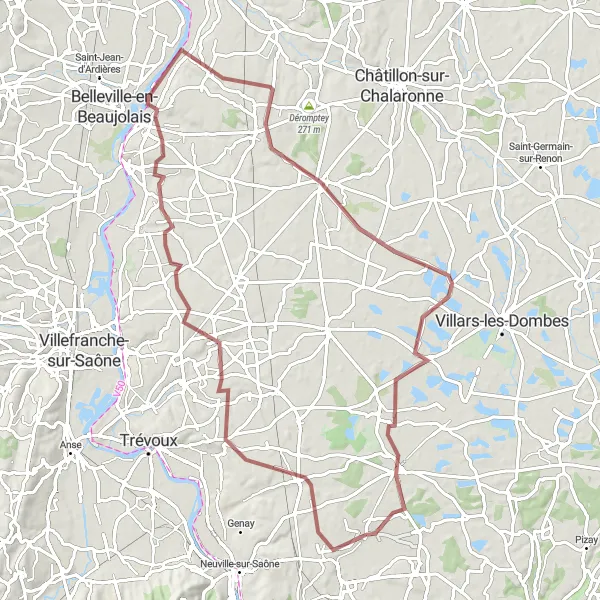 Miniatura della mappa di ispirazione al ciclismo "Percorso ciclabile gravel da Mionnay a Toussieux" nella regione di Rhône-Alpes, France. Generata da Tarmacs.app, pianificatore di rotte ciclistiche