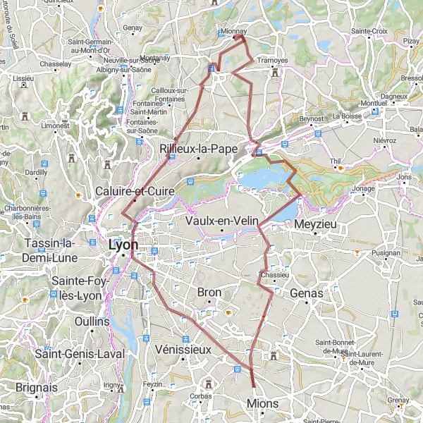 Miniatua del mapa de inspiración ciclista "Recorrido de gravel desde Mionnay" en Rhône-Alpes, France. Generado por Tarmacs.app planificador de rutas ciclistas