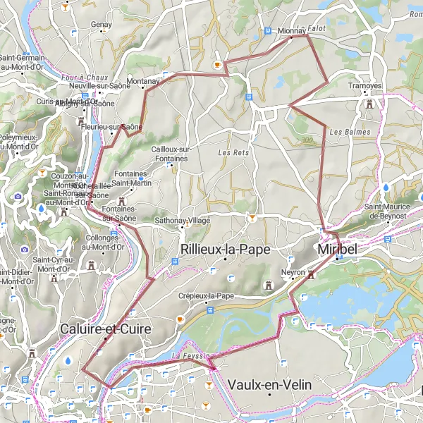 Miniaturní mapa "Gravel Tour de Lyon" inspirace pro cyklisty v oblasti Rhône-Alpes, France. Vytvořeno pomocí plánovače tras Tarmacs.app