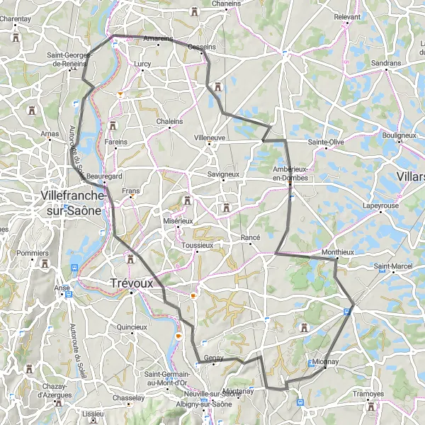 Map miniature of "Dombes Discovery" cycling inspiration in Rhône-Alpes, France. Generated by Tarmacs.app cycling route planner