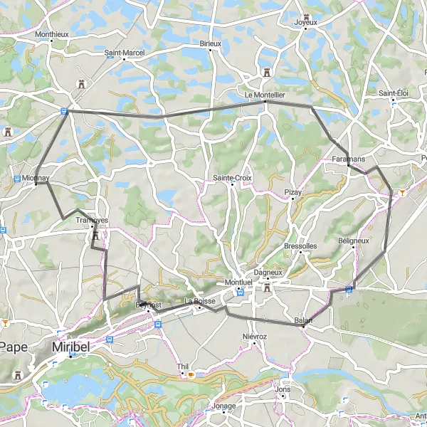 Map miniature of "Saint-André-de-Corcy Loop" cycling inspiration in Rhône-Alpes, France. Generated by Tarmacs.app cycling route planner