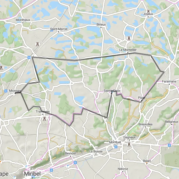 Kartminiatyr av "Rundtur fra Mionnay til Saint-André-de-Corcy og tilbake" sykkelinspirasjon i Rhône-Alpes, France. Generert av Tarmacs.app sykkelrutoplanlegger
