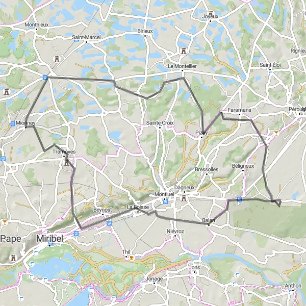 Zemljevid v pomanjšavi "Izjemna cestna kolesarska pot okoli Mionnay" kolesarske inspiracije v Rhône-Alpes, France. Generirano z načrtovalcem kolesarskih poti Tarmacs.app
