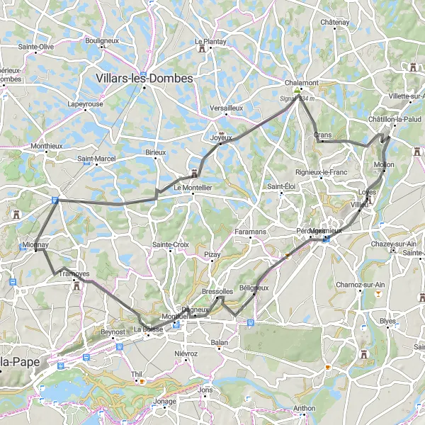 Miniatua del mapa de inspiración ciclista "Ruta escénica de ciclismo en carretera desde Mionnay" en Rhône-Alpes, France. Generado por Tarmacs.app planificador de rutas ciclistas