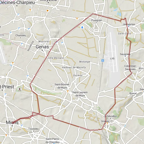 Miniatuurkaart van de fietsinspiratie "Gravelroute langs Mions, Genas, Janneyrias en Grenay" in Rhône-Alpes, France. Gemaakt door de Tarmacs.app fietsrouteplanner