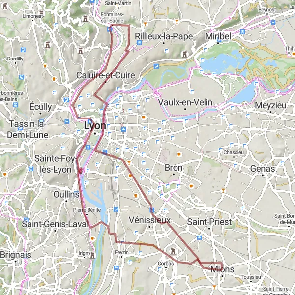 Mapa miniatúra "Gravel Biking around Mions" cyklistická inšpirácia v Rhône-Alpes, France. Vygenerované cyklistickým plánovačom trás Tarmacs.app