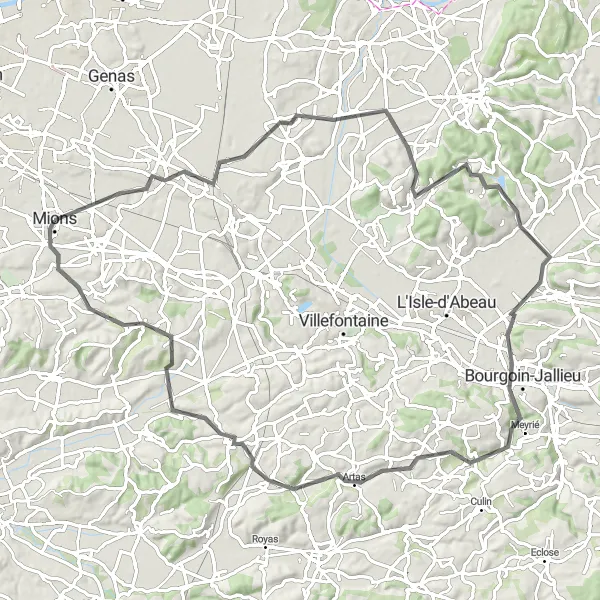 Map miniature of "Exploring Bourgoin-Jallieu and Valencin" cycling inspiration in Rhône-Alpes, France. Generated by Tarmacs.app cycling route planner