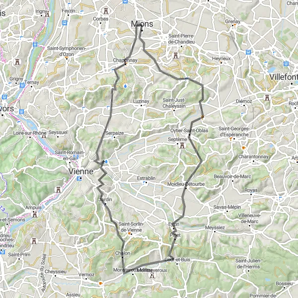 Miniaturní mapa "Road Adventure near Mions" inspirace pro cyklisty v oblasti Rhône-Alpes, France. Vytvořeno pomocí plánovače tras Tarmacs.app