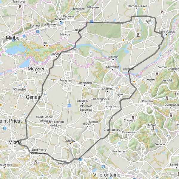 Map miniature of "Scenic Tour around Genas and Heyrieux" cycling inspiration in Rhône-Alpes, France. Generated by Tarmacs.app cycling route planner