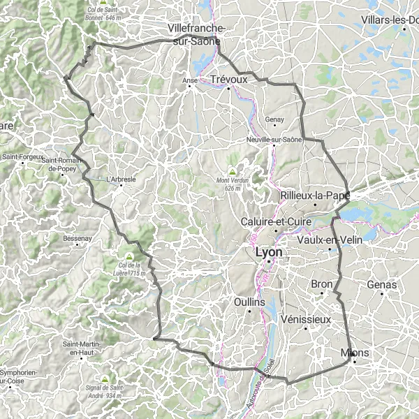 Miniatuurkaart van de fietsinspiratie "Mions - Villefranche-sur-Saône Loop" in Rhône-Alpes, France. Gemaakt door de Tarmacs.app fietsrouteplanner