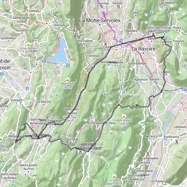 Map miniature of "Miribel-les-Échelles Cycling Adventure" cycling inspiration in Rhône-Alpes, France. Generated by Tarmacs.app cycling route planner