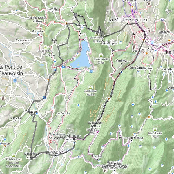 Miniaturní mapa "Poklidná cyklotrasa s historickými skvosty" inspirace pro cyklisty v oblasti Rhône-Alpes, France. Vytvořeno pomocí plánovače tras Tarmacs.app