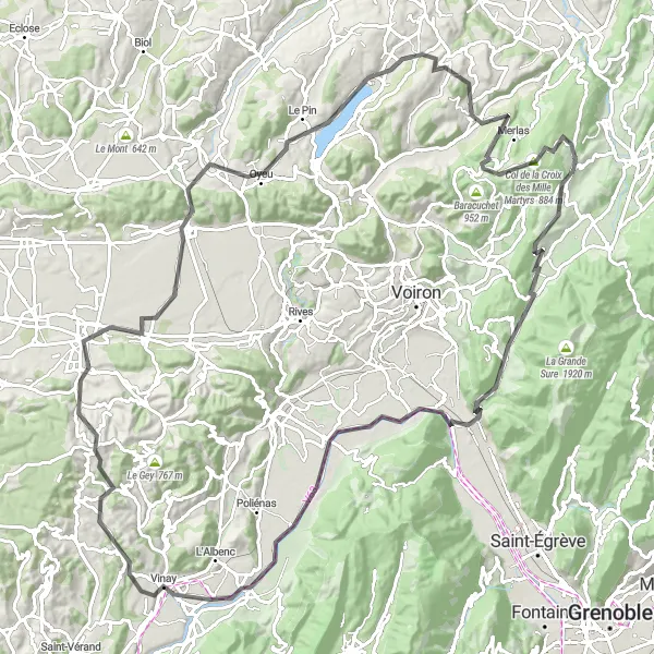 Map miniature of "Miribel-les-Échelles Loop" cycling inspiration in Rhône-Alpes, France. Generated by Tarmacs.app cycling route planner
