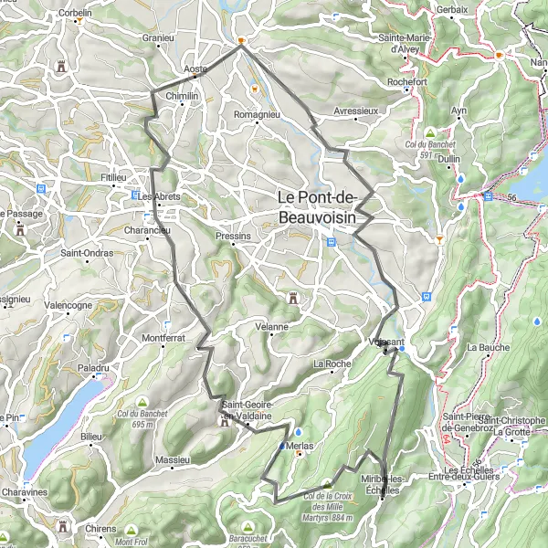 Zemljevid v pomanjšavi "Krožna kolesarska pot okoli Miribel-les-Échelles" kolesarske inspiracije v Rhône-Alpes, France. Generirano z načrtovalcem kolesarskih poti Tarmacs.app