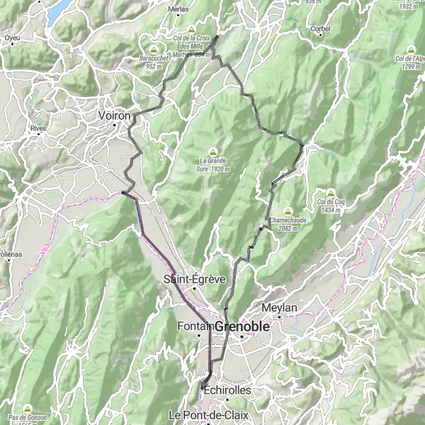 Zemljevid v pomanjšavi "Raznolika pot z zanimivimi točkami" kolesarske inspiracije v Rhône-Alpes, France. Generirano z načrtovalcem kolesarskih poti Tarmacs.app