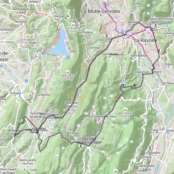 Mapa miniatúra "Výzva na Col du Granier" cyklistická inšpirácia v Rhône-Alpes, France. Vygenerované cyklistickým plánovačom trás Tarmacs.app
