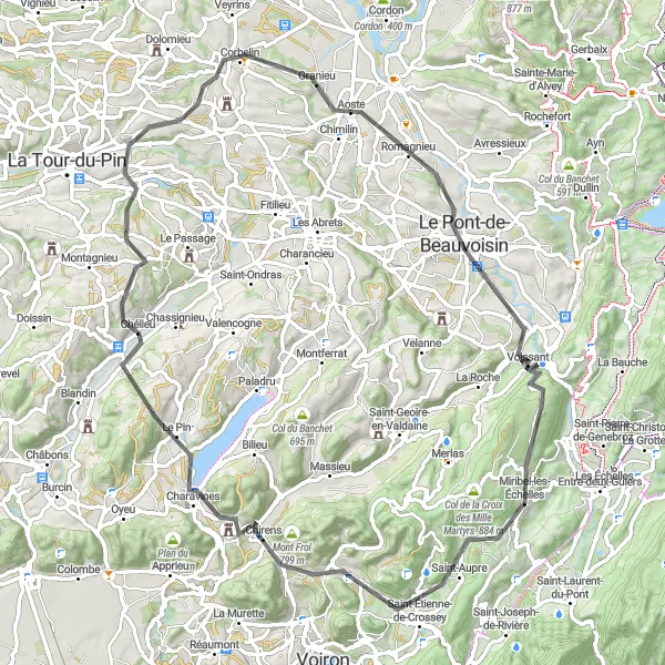 Map miniature of "Miribel-les-Échelles to Notre-dame du Château" cycling inspiration in Rhône-Alpes, France. Generated by Tarmacs.app cycling route planner