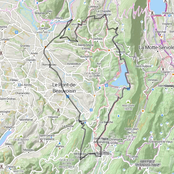 Miniaturní mapa "Výzva kolem Miribel-les-Échelles" inspirace pro cyklisty v oblasti Rhône-Alpes, France. Vytvořeno pomocí plánovače tras Tarmacs.app