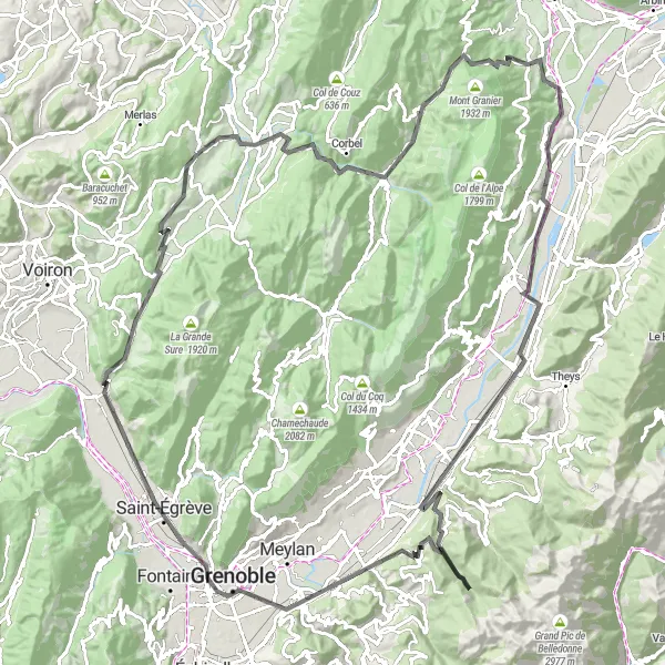 Miniature de la carte de l'inspiration cycliste "Saint-Pierre-d'Entremont (Savoie) à Miribel-les-Échelles" dans la Rhône-Alpes, France. Générée par le planificateur d'itinéraire cycliste Tarmacs.app