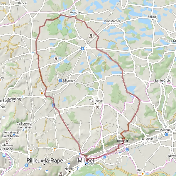 Miniatura della mappa di ispirazione al ciclismo "Giro in bici sui sentieri di ghiaia vicino a Miribel" nella regione di Rhône-Alpes, France. Generata da Tarmacs.app, pianificatore di rotte ciclistiche