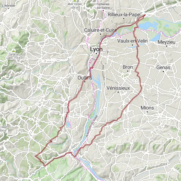 Mapa miniatúra "Trasa pre štrkové cesty s výškovým prevýšením 645 m a dĺžkou 89 km" cyklistická inšpirácia v Rhône-Alpes, France. Vygenerované cyklistickým plánovačom trás Tarmacs.app