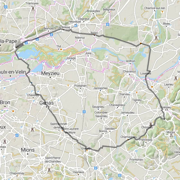 Kartminiatyr av "Veien til Genas og tilbake" sykkelinspirasjon i Rhône-Alpes, France. Generert av Tarmacs.app sykkelrutoplanlegger