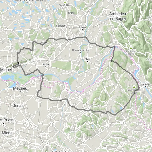 Zemljevid v pomanjšavi "Cestno kolesarjenje v bližini Miribela" kolesarske inspiracije v Rhône-Alpes, France. Generirano z načrtovalcem kolesarskih poti Tarmacs.app