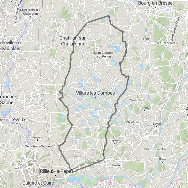 Zemljevid v pomanjšavi "Cestno kolesarjenje v okolici Miribela" kolesarske inspiracije v Rhône-Alpes, France. Generirano z načrtovalcem kolesarskih poti Tarmacs.app