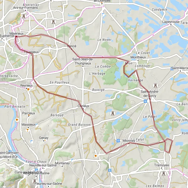 Miniatua del mapa de inspiración ciclista "Ruta de grava a través de Saint-Jean-de-Thurigneux y Mionnay" en Rhône-Alpes, France. Generado por Tarmacs.app planificador de rutas ciclistas