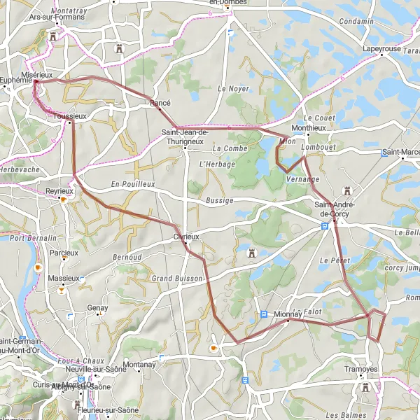 Map miniature of "Saint-Jean gravel adventure" cycling inspiration in Rhône-Alpes, France. Generated by Tarmacs.app cycling route planner