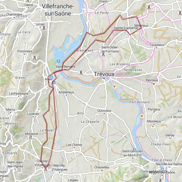 Map miniature of "Riottier Gravel Route" cycling inspiration in Rhône-Alpes, France. Generated by Tarmacs.app cycling route planner