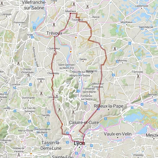 Miniatura della mappa di ispirazione al ciclismo "Percorso in bicicletta su sterrato da Misérieux" nella regione di Rhône-Alpes, France. Generata da Tarmacs.app, pianificatore di rotte ciclistiche