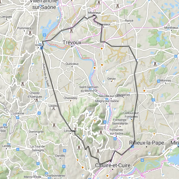 Zemljevid v pomanjšavi "Cestna kolesarska pot z okolico Misérieux" kolesarske inspiracije v Rhône-Alpes, France. Generirano z načrtovalcem kolesarskih poti Tarmacs.app