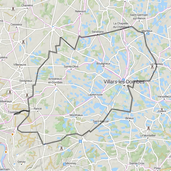 Miniaturní mapa "Okruh přes Chanteins a Villars-les-Dombes" inspirace pro cyklisty v oblasti Rhône-Alpes, France. Vytvořeno pomocí plánovače tras Tarmacs.app