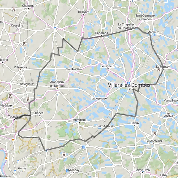 Kartminiatyr av "Vägcykling till Saint-André-de-Corcy" cykelinspiration i Rhône-Alpes, France. Genererad av Tarmacs.app cykelruttplanerare