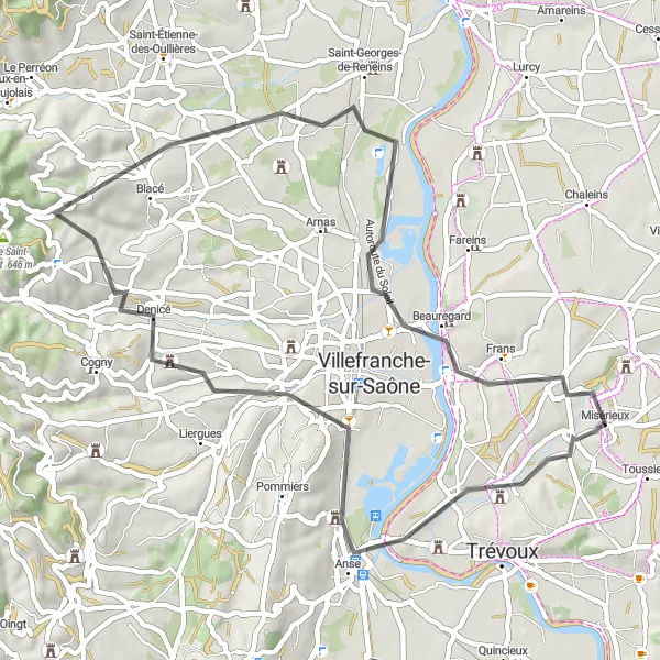 Zemljevid v pomanjšavi "Rdeča cesta do Misérieuxa" kolesarske inspiracije v Rhône-Alpes, France. Generirano z načrtovalcem kolesarskih poti Tarmacs.app
