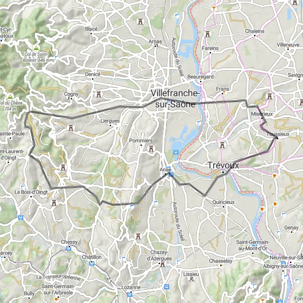 Zemljevid v pomanjšavi "Naporna cestna pot do Trévouxa" kolesarske inspiracije v Rhône-Alpes, France. Generirano z načrtovalcem kolesarskih poti Tarmacs.app