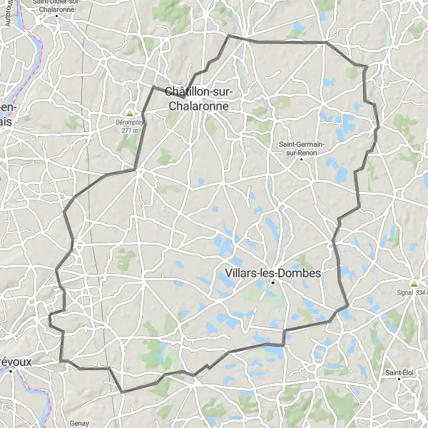 Miniaturní mapa "Road cyklotrasa kolem Misérieux" inspirace pro cyklisty v oblasti Rhône-Alpes, France. Vytvořeno pomocí plánovače tras Tarmacs.app