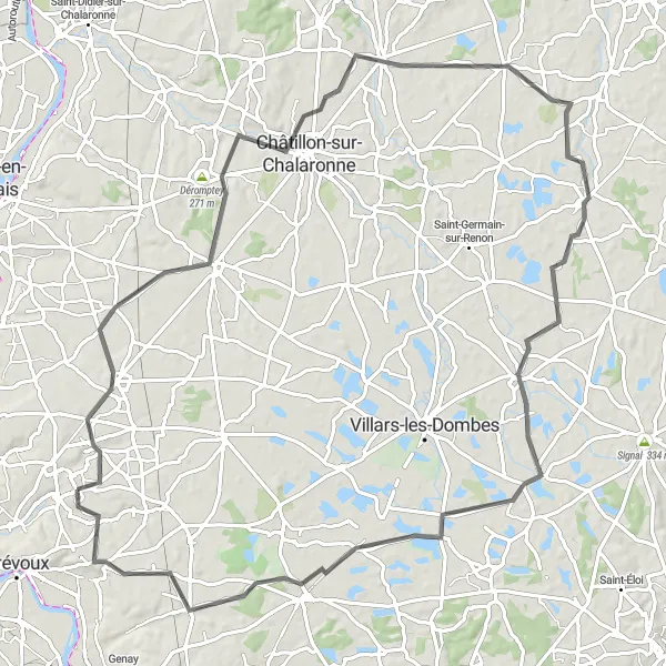 Miniatura della mappa di ispirazione al ciclismo "Cicloturismo da Misérieux a Reyrieux" nella regione di Rhône-Alpes, France. Generata da Tarmacs.app, pianificatore di rotte ciclistiche