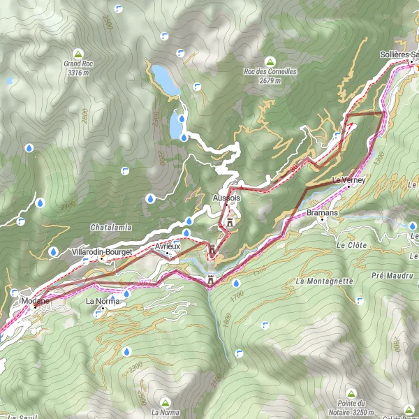 Miniatua del mapa de inspiración ciclista "Ruta de Grava de Modane" en Rhône-Alpes, France. Generado por Tarmacs.app planificador de rutas ciclistas