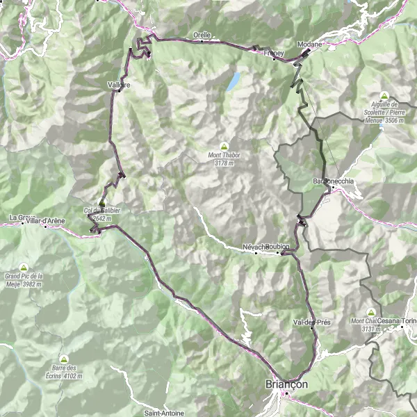 Map miniature of "Modane - Valfréjus - Bardonecchia - Briançon Loop" cycling inspiration in Rhône-Alpes, France. Generated by Tarmacs.app cycling route planner