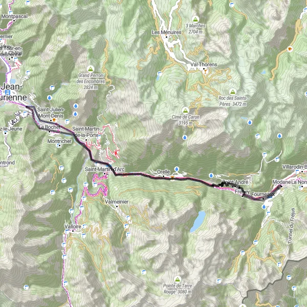 Miniaturní mapa "Silniční Cyklotrasa kolem Modane" inspirace pro cyklisty v oblasti Rhône-Alpes, France. Vytvořeno pomocí plánovače tras Tarmacs.app