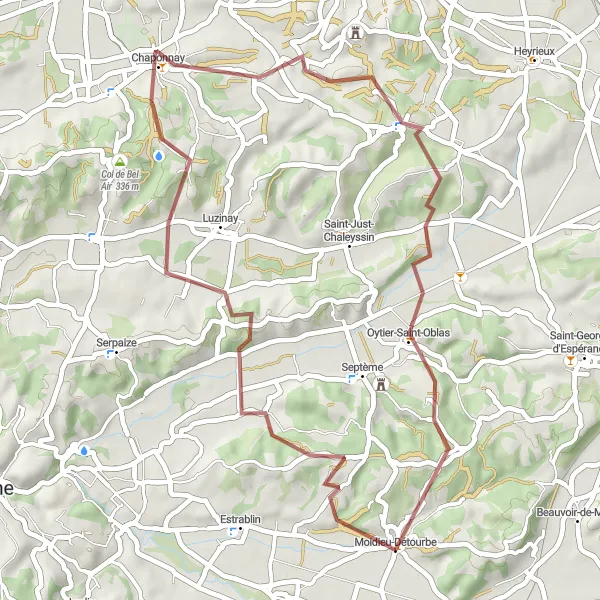 Miniatua del mapa de inspiración ciclista "Aventura en bicicleta de grava cerca de Moidieu" en Rhône-Alpes, France. Generado por Tarmacs.app planificador de rutas ciclistas